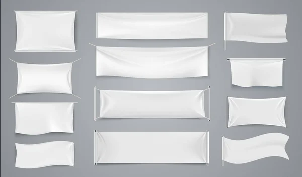 Textiel reclame banners. Witte zwaaiende stof tekenen, lege geïsoleerde promotie doek label. Vector realistische reclame blad — Stockvector