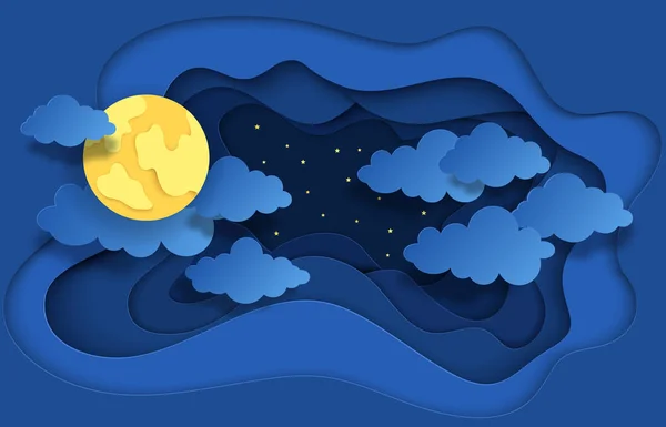 Papel cortado cielo nocturno. Fondo de ensueño con estrellas de la luna y nubes, fondo abstracto de fantasía. Fondo de origami vectorial — Vector de stock