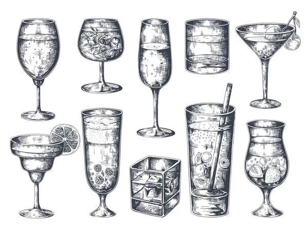 Ručně tažené koktejly. Sklenice s alkoholickými nápoji a limonádou, Martini a tropické nápoje. Vektorový izolovaný náčrt — Stockový vektor