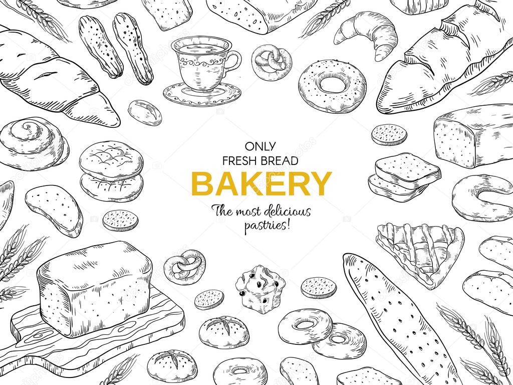 Bakery frame. Hand drawn bread and cookies banner for menu, sweet pies and cakes doodle design template. Vector vintage bakery set