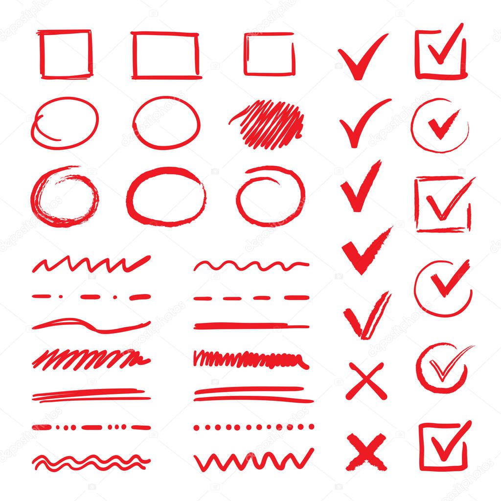 Doodle check marks and underlines. Hand drawn red strokes and pen V marks for list items. Vector marker check signs and checkbox