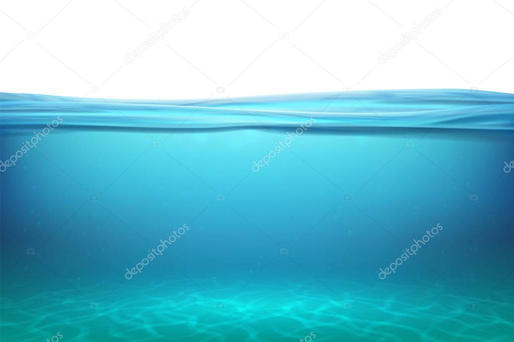 Lake underwater surfaces. Relax blue horizon background under surface sea, clean natural view bottom pool with sun rays. Vector illustration
