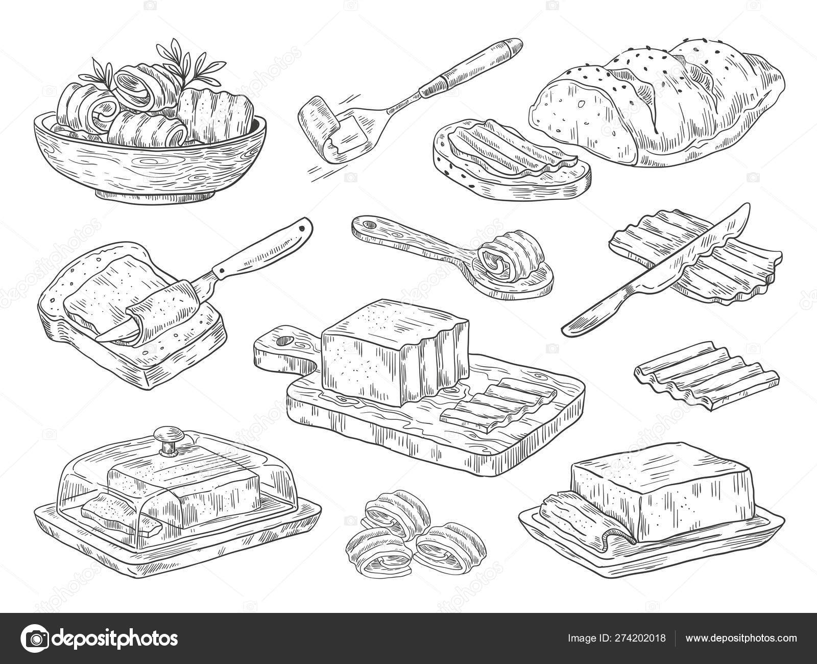 Hand Drawn Butter Sketch Breakfast Culinary Ingredient Drawn Compositions With Bread And Butter Vector Doodle Set Stock Vector Image By C Spicytruffel