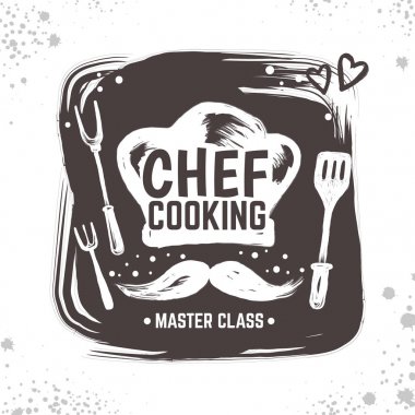 Aşçı Doodle logosu. Restoran kroki poster, Mutfak araçları ve elemanları ile gıda siyah rozeti. Vektör tipografi el çizilmiş logosu