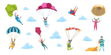 Cartoon skydivers. Sky jump with parachute and paraglider, extreme danger skydive falling. Vector adrenaline parachuting sport clipart
