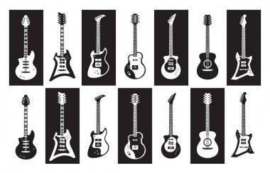 Gitar. Siyah ve beyaz elektrik ve farklı türde Akustik Rock gitarlar. Vektör minimalist izole set