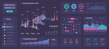 İnfografik pano şablonu. Beyaz Modern Web uygulaması UI grafikler yuvarlak çubuklar ve grafikler ile. Vector admin panel tasarımı