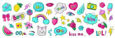 Doodle 90s çıkartmalar. Pop sanat moda komik rozetleri, trendy karikatür 80s Kawaii simgeler. Vector lol gökkuşağı kiraz kalp modern kız set