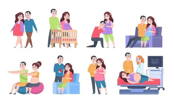 Par graviditet tecken. Kvinna och nyfödda barn aktiviteter, unga föräldrar uppsättning scener. Vektor gravid kvinna och barn omsorg — Stock vektor