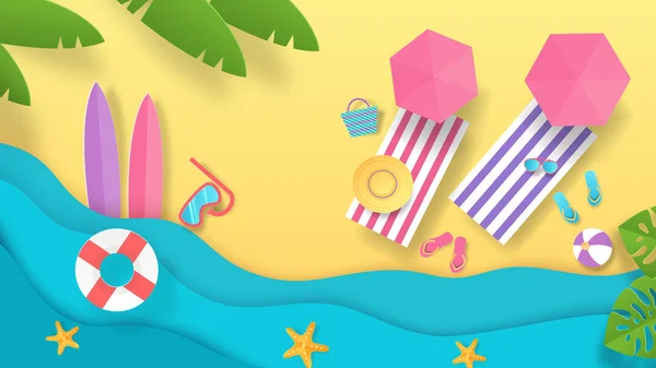 Papier gesneden zomer strand. Vakantie achtergrond met bovenaanzicht van golven paraplu en zee. Vector zomervakantie poster — Stockvector