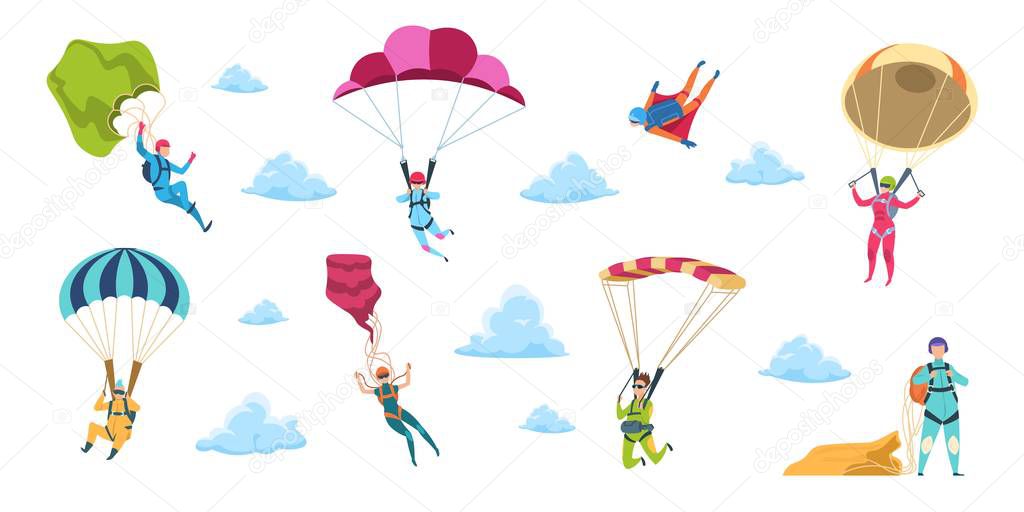 Cartoon skydivers. Sky jump with parachute and paraglider, extreme danger skydive falling. Vector adrenaline parachuting sport