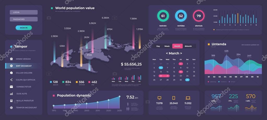 Infographic dashboard template. White modern web app UI with graphs round bars and charts. Vector admin creative workflow panel design