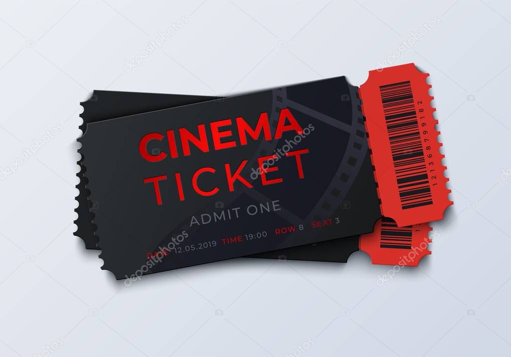 Movie ticket template. Realistic cinema theater admission pass mockup, 3D festival and performance coupon. Vector retro tickets