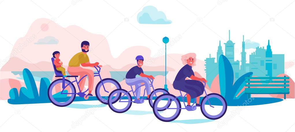 Family riding bicycles in park. Parents and children holiday trip, trendy cartoon characters doing sport activities