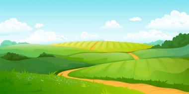 Summer fields landscape. Cartoon countryside valley with green hills blue sky and curly clouds. Vector rural nature view clipart