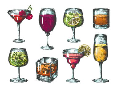 Elle çizilmiş kokteyller. Alkollü içecekler ve limonatalar ile renkli bardaklar, tropikal bar içecekleri. Vektör yalıtılmış çizim seti