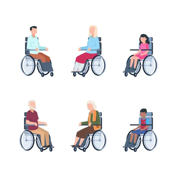 Engelli ler. Tekerlekli sandalyedeki gençler hastaneye kaldırıldı. Vektör illüstrasyon çocuklar, engelli yetişkinler, engelli kıdemli — Stok Vektör