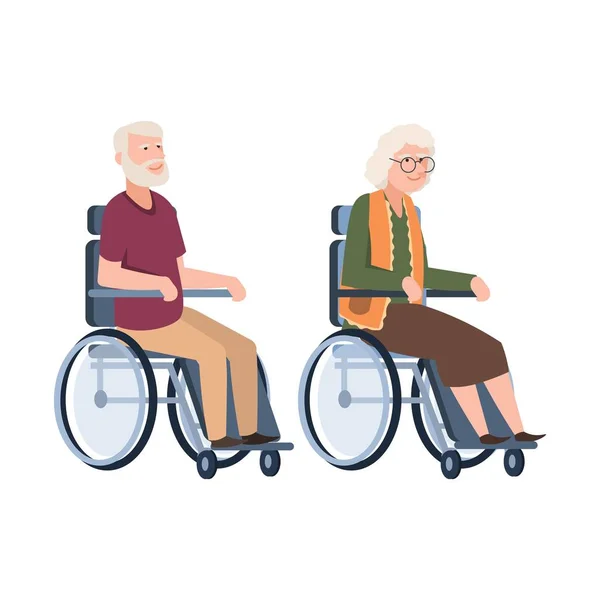 Personas mayores discapacitadas. Senior en silla de ruedas. Un par de ancianos discapacitados. Ilustración vectorial abuelo y abuela con discapacidad — Vector de stock