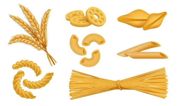 Realistyczne Macaroni. Włoskie rodzaje makaronu, makaron spaghetti Fusilli pszenicy, 3D różne suche makarony zestaw. Obiekty wektorowe na białym tle — Wektor stockowy