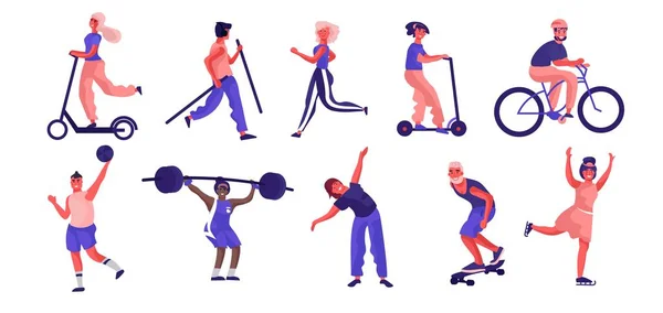 Dibujos animados personas deporte actividades. Personajes planos de moda corriendo jugando y haciendo ejercicio — Archivo Imágenes Vectoriales