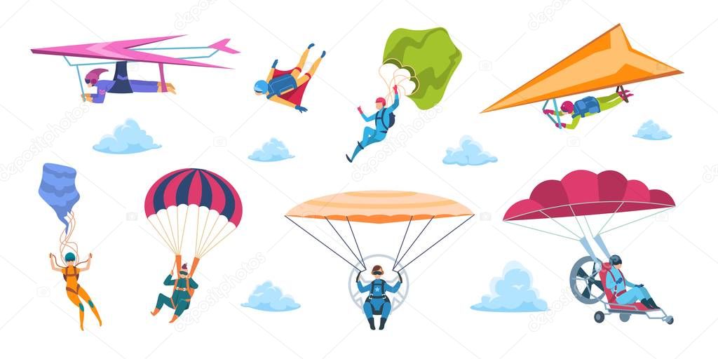 Cartoon skydivers. Paraglider skydivers, flat falling characters with parachutes, extreme adrenaline sport. Vector sky jump set