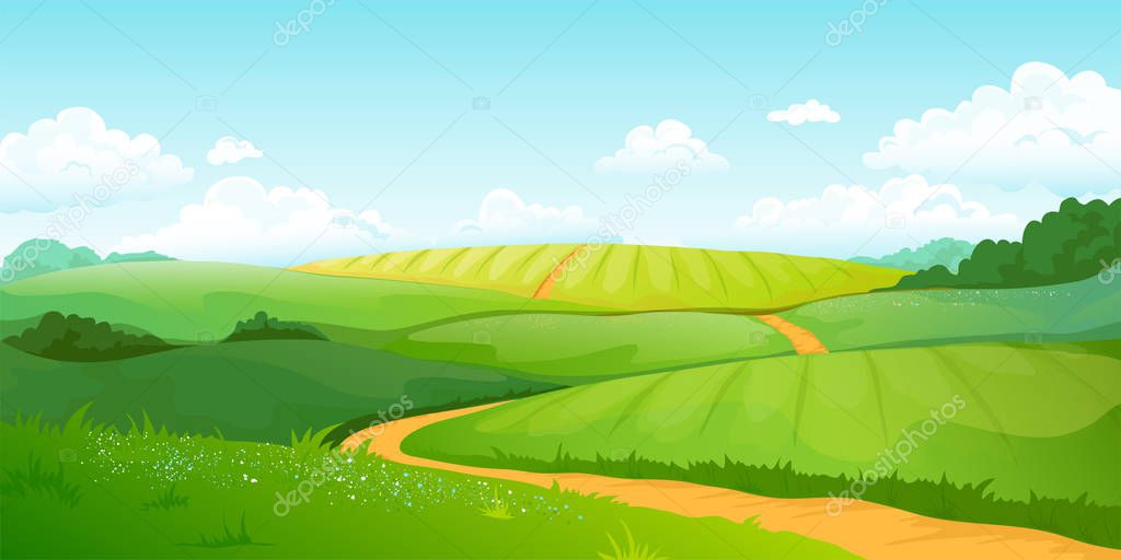 Summer fields landscape. Cartoon countryside valley with green hills blue sky and curly clouds. Vector rural nature view