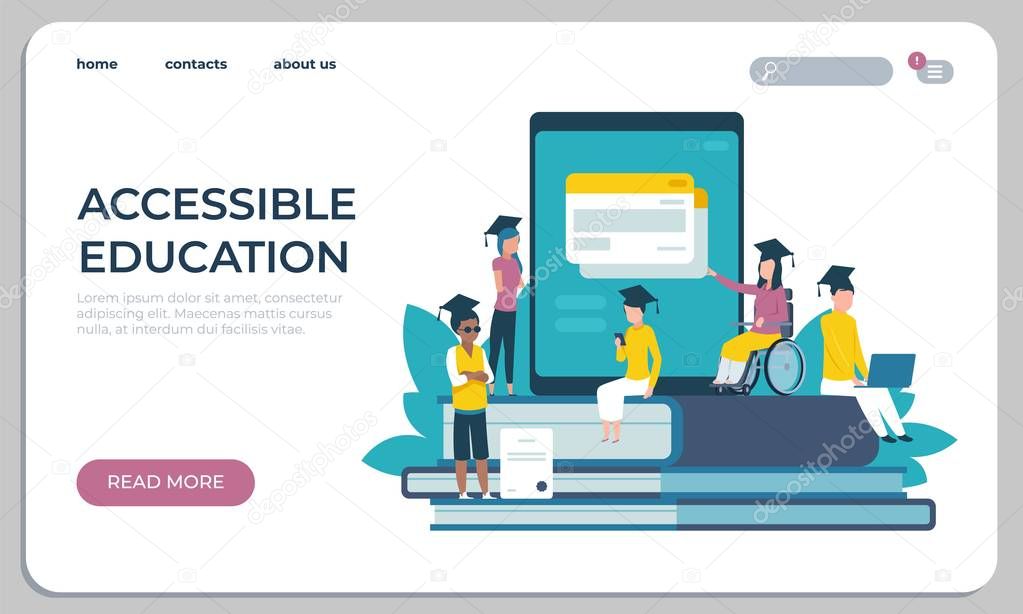 Accessible education website. Online learning for disabled people concept. Vector illustration virtual archive student research