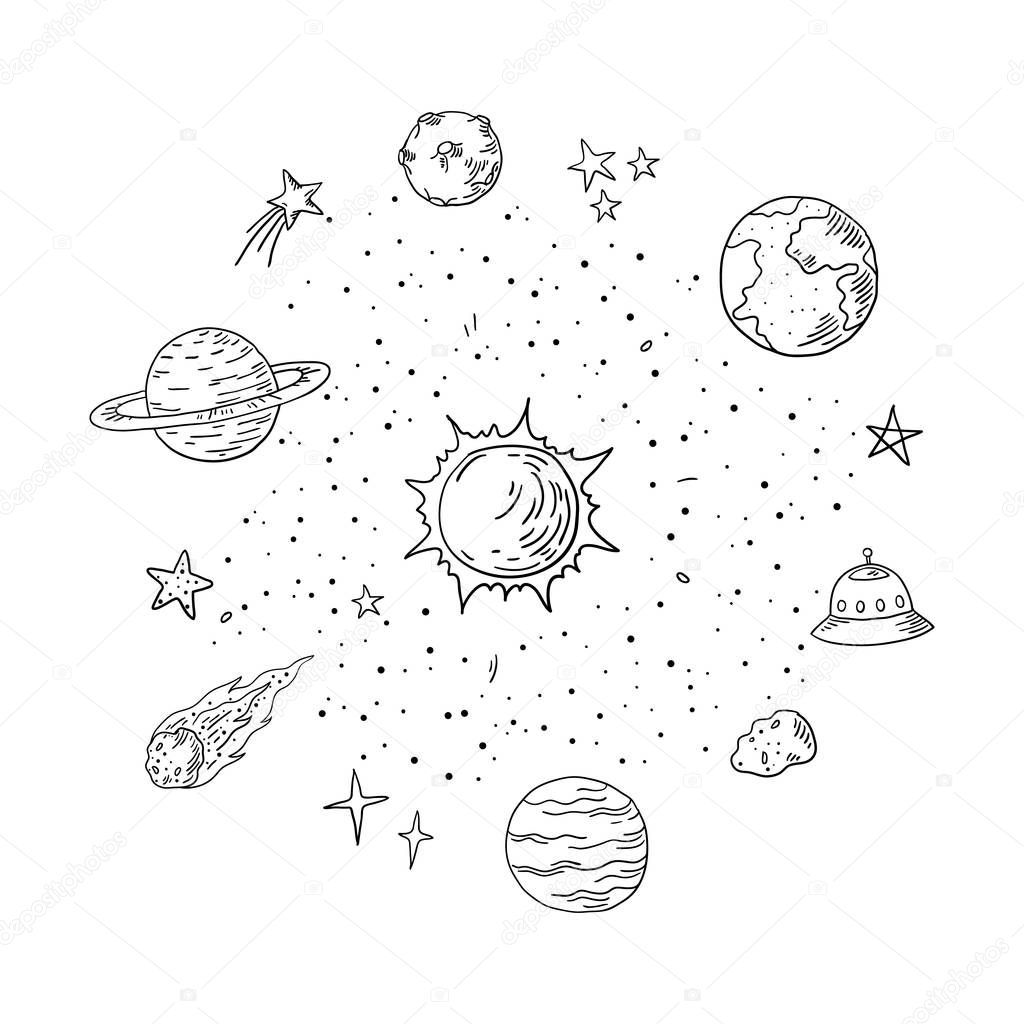 Doodle solar system. Trendy handdrawn space, planet meteor comet astronomy elements. Vector lineart