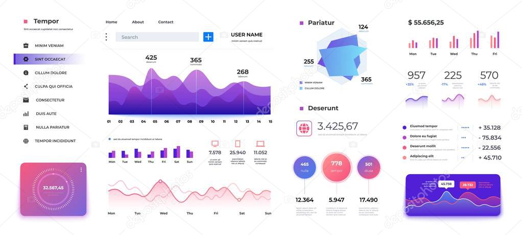 Infographic dashboard template. Admin panel ui, diagrams graphs and progress bars data statistics workflow. Vector modern screen interactive holographic charts