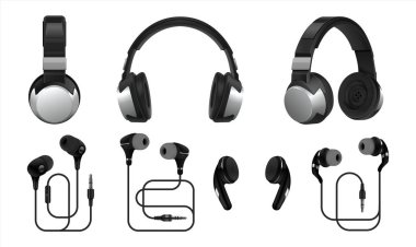 Gerçekçi kulaklıklar. Müzik ve oyun dinlemek için 3d kablosuz kulaklık ve kulaklık. Beyaz üzerine izole edilmiş kulaklıkların vektör tipleri
