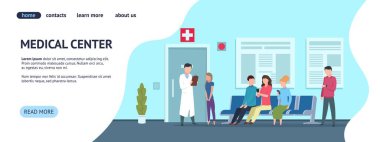Tıp merkezi web şablonu. Hastane vektör açılış sayfası konsepti. Hastanede hasta teşhis eden doktor