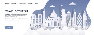 Seyahat ve turizm açılış sayfası şablonu. Kağıt kesme işaretleri web sayfası. Seyahat dünya web sitesi, silüet reklam kartı, Paris Londra Roma binalar siluet