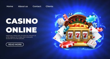 Casino açılış sayfası. Kumar rulet web sitesi büyük şanslı ödül, gerçekçi 3d vektör illüstrasyon 777 slot makinesi şablonu