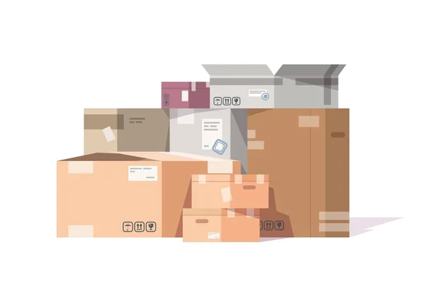 Cajas de cartón apiladas. Paquetes de cartón y paquetes de entrega pila, mercancías de almacén plano y transporte de carga. Cajas aisladas vectoriales — Archivo Imágenes Vectoriales