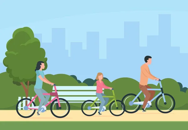 Bicicletas familiares. Madre, padre e hijos actividades recreativas al aire libre. Ilustración vectorial concepto ocio personas felices y estilo de vida saludable — Vector de stock