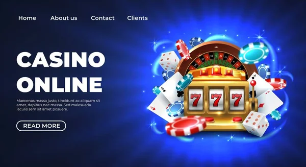 Página de aterrizaje del casino. Juego de ruleta sitio web gran premio de la suerte, realista 3D vector ilustración 777 máquina tragaperras plantilla — Archivo Imágenes Vectoriales