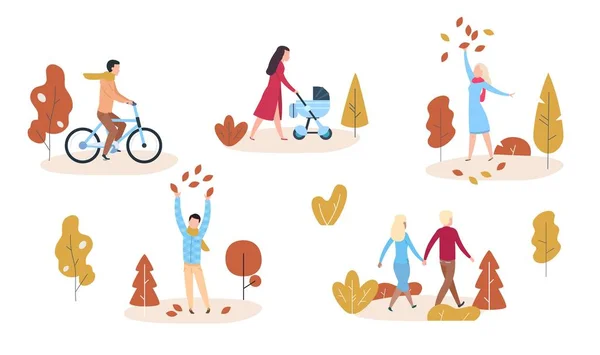 People in autumn park or forest. Modern casual man and woman playing with autumn leaves. Flat vector characters — Stock Vector