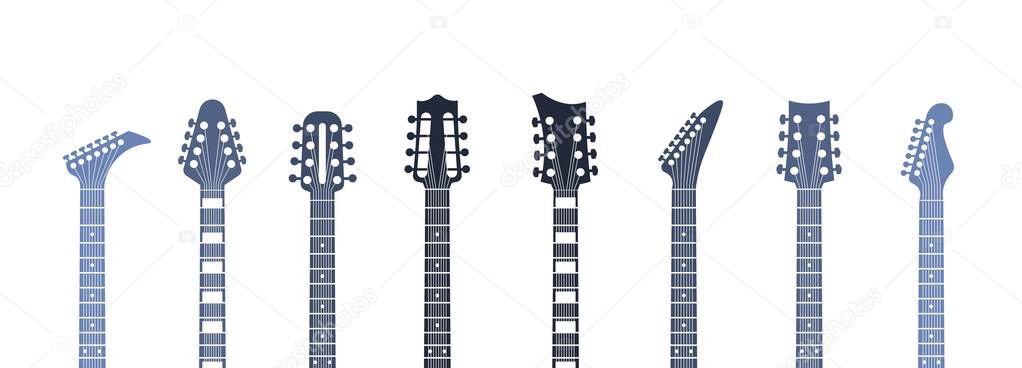 Guitars headstock. Flat acoustic and electric guitar necks and heads, minimal abstract template. Vector isolated set