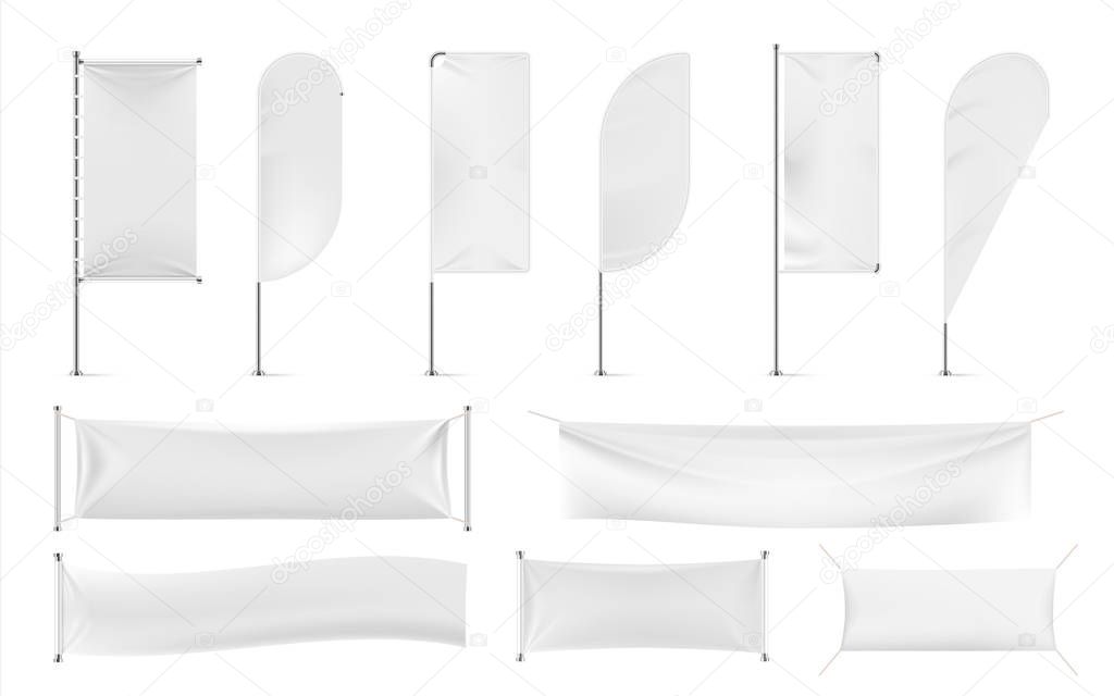 Textile banners and flags. Outdoor exhibition promotion mockup, white beach feathers and blank advertising. Vector fabric banner