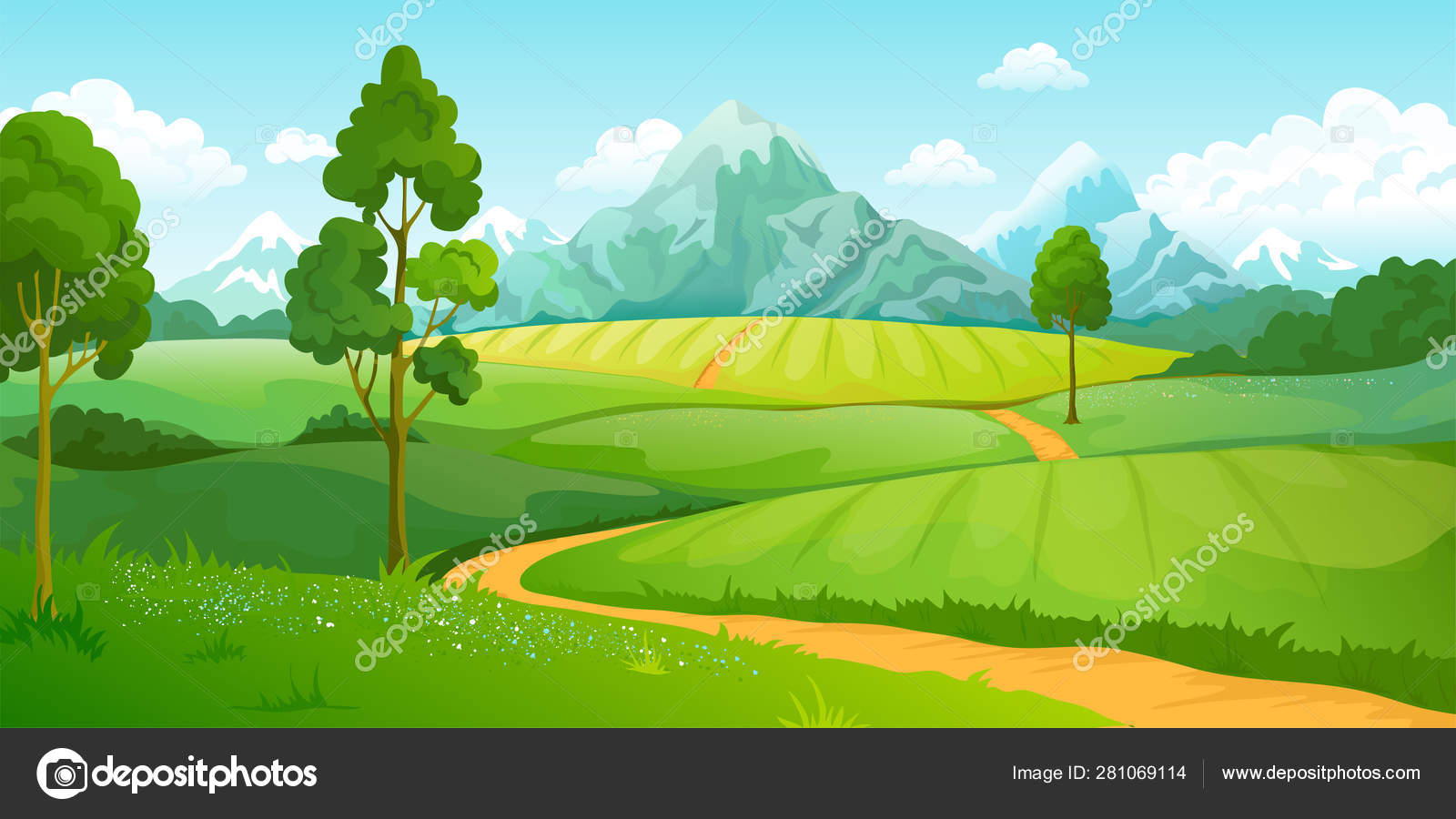 Summer mountains landscape. Cartoon nature green hills scene with blue trees and clouds. Vector rural countryside background Stock Vector Image ©SpicyTruffel