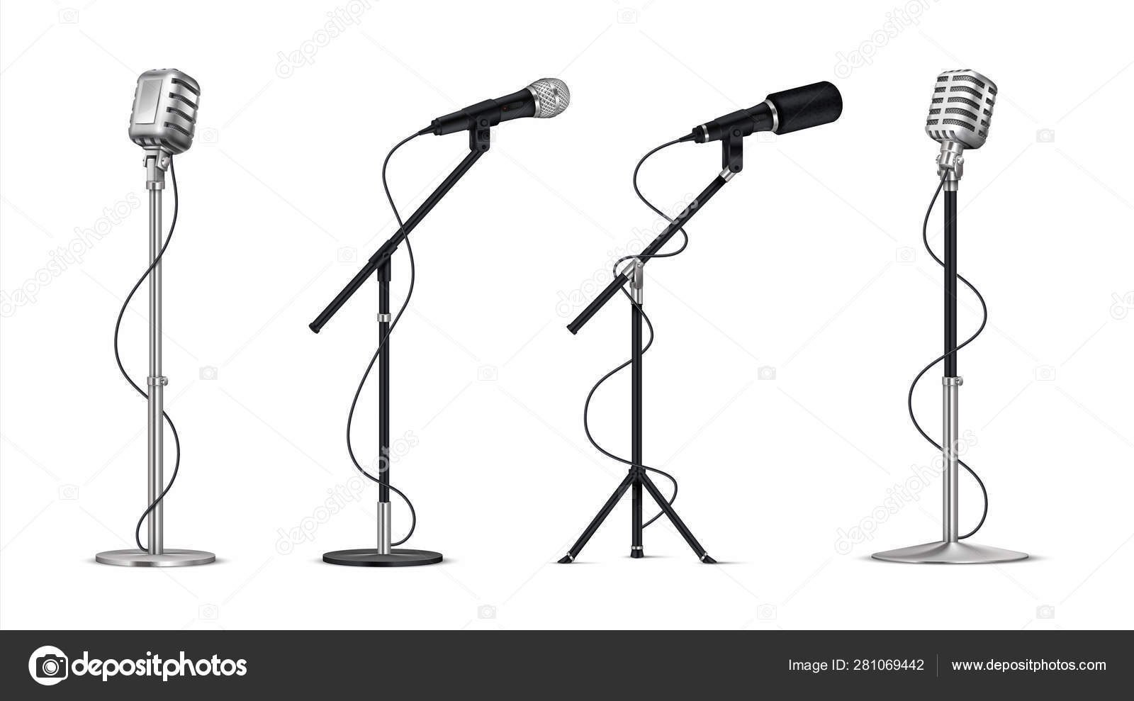 Realistische Mikrofone. 3D professionelle Metallmikrofone mit Draht auf  Halterung, Stand-up und Blogging-Ausrüstung. Vektor Vintage Mikrofon Set  Stock-Vektorbild von ©SpicyTruffel 281069442, image size:1600x989