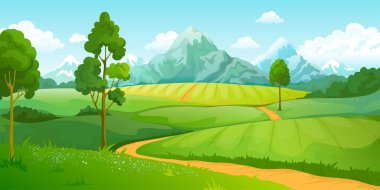 Summer mountains landscape. Cartoon nature green hills scene with blue sky trees and clouds. Vector rural countryside background clipart