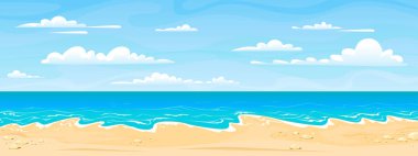 Deniz plajı manzarası. Karikatür yaz güneşli gün, okyanus manzarası yatay panorama, su kum ve bulutlar. Vektör tatil arka plan
