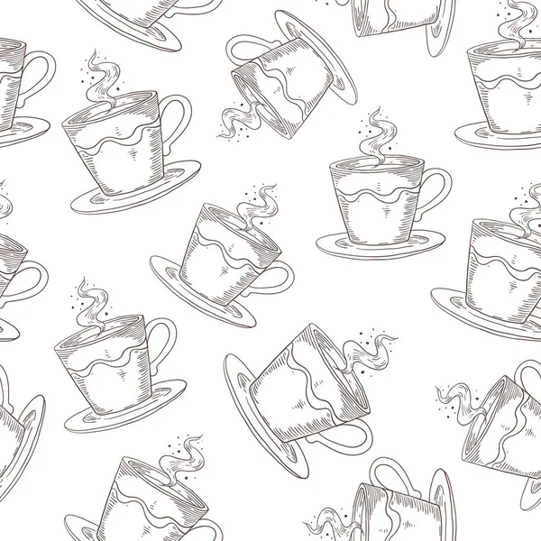 Handgezeichnetes Kaffeemuster. niedlichen nahtlosen Druck mit Kaffee- oder Teetassen, Morgengetränk-Skizze. Vektor Vintage Print Design — Stockvektor