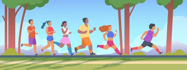 La gente corre 5K. Hombres y mujeres grupo corriendo 5K distancia, concepto de ejercicios saludables al aire libre de verano. Actividad de salida vectorial — Archivo Imágenes Vectoriales