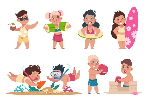 Niños en la playa. Dibujos animados niños felices nadando jugando pelota y haciendo actividades de verano en vacaciones. Vector plano niño partido conjunto — Vector de stock