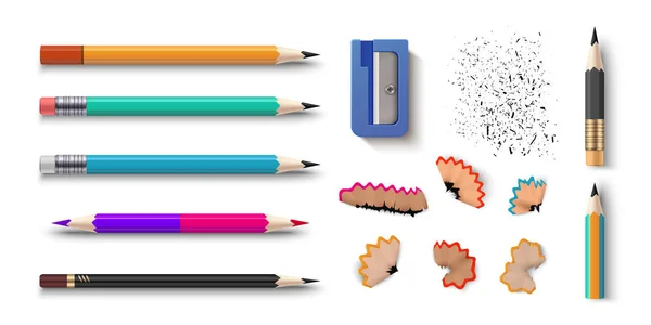 Lápices realistas. Papelería escolar de color 3D con afilador y virutas. Conjunto de lápices afilados de grafito vectorial de diferentes tamaños — Archivo Imágenes Vectoriales