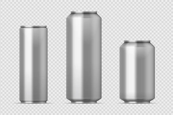 Beer can mockup. Realistic aluminum metal can for soda, different types of blank can with copy space. Vector isolated set — Stock Vector