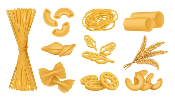 Macarrones realistas. Comida italiana de trigo seco, diferentes tipos de pasta fideos farfalle fusilli penne. Conjunto aislado vector 3D — Archivo Imágenes Vectoriales