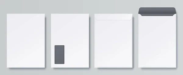 Gerçekçi zarflar. Boş yakın ve açık mektup, C4 A4 iş mockup şablonu, izole ön ve arka görünümler. Vektör beyaz zarf — Stok Vektör